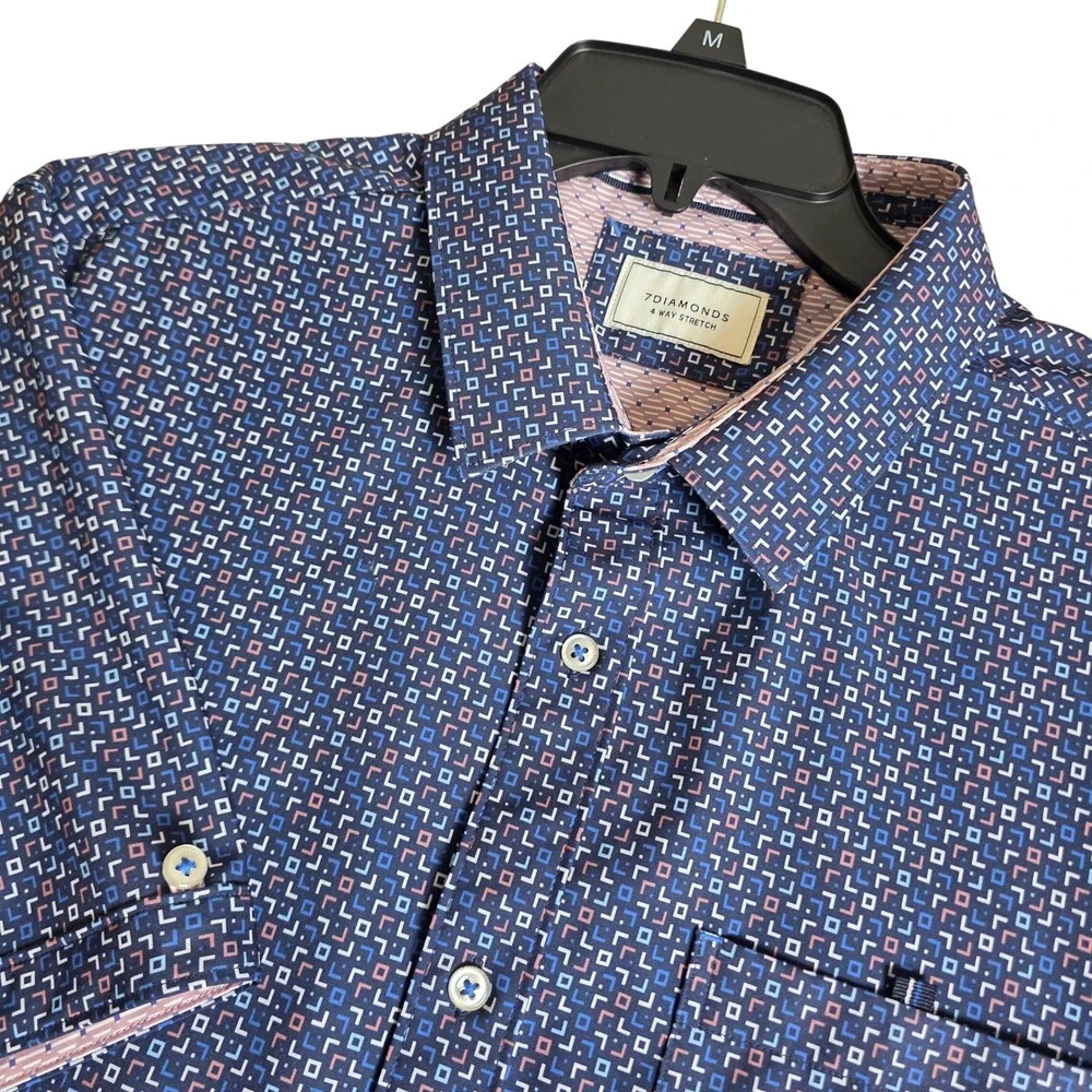 7 Diamonds Button Down Shirt Mens XL Navy Blue 4-Way Stretch performance MK7235 - Picture 1 of 9